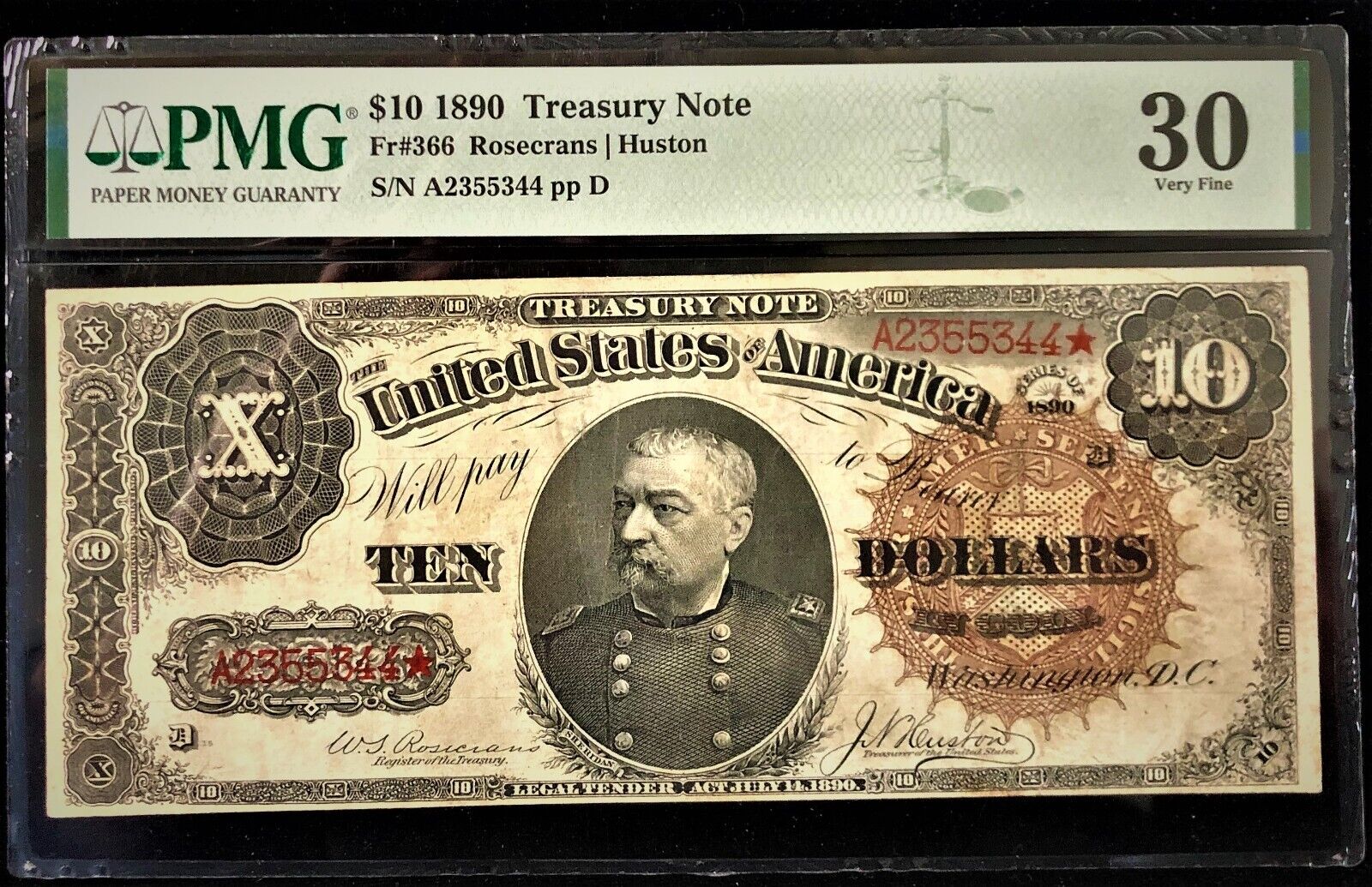 1890 $10 Treasury Note “Ornate Back” Mega Rare Treasury Note Fr. 366 PMG 30