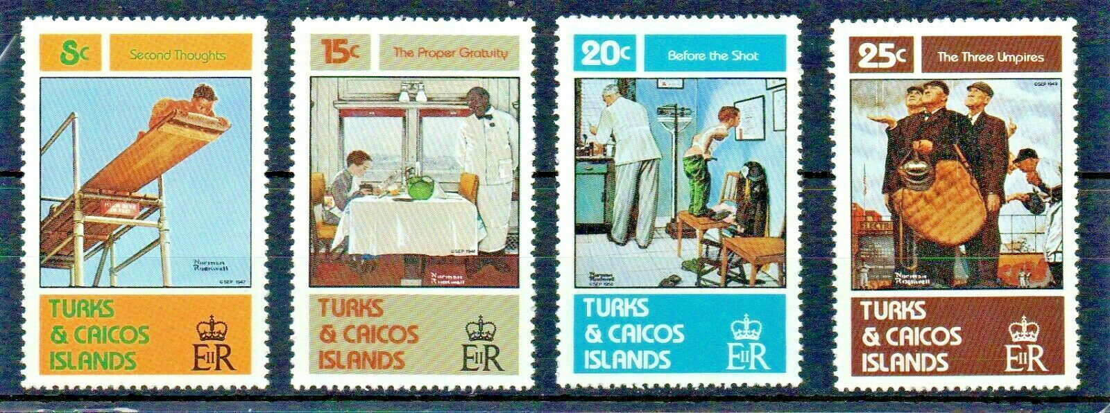 Norman Rockwell Set of 4 Famous Paintings on Mint NH Stamps Turks and Caicos CPL