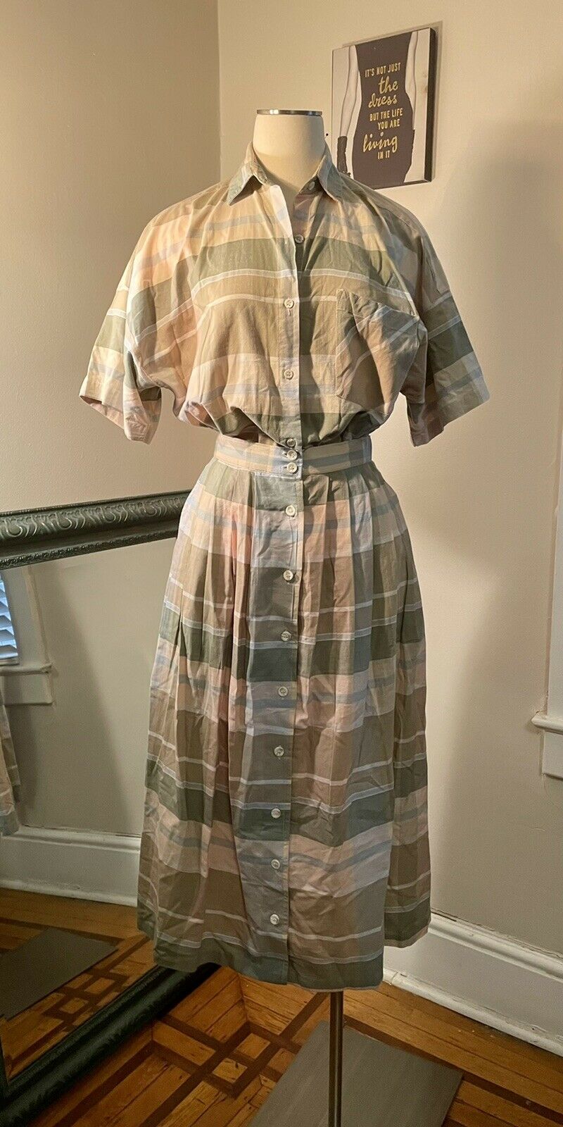 Vtg 70s 80s Plaid Cotton 2 Pc Skirt Camp Shirt Shirtwaist Dress Newmints 44 26