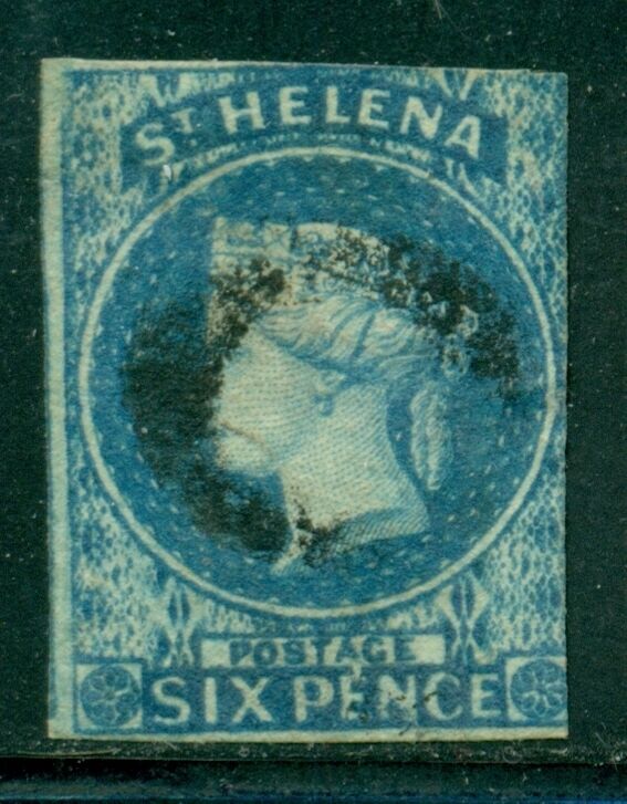 St. Helena 1 Sg1 Used 1856 6p Blue Qvic Wmk Star Imperf 2/4 Margins Cat$225
