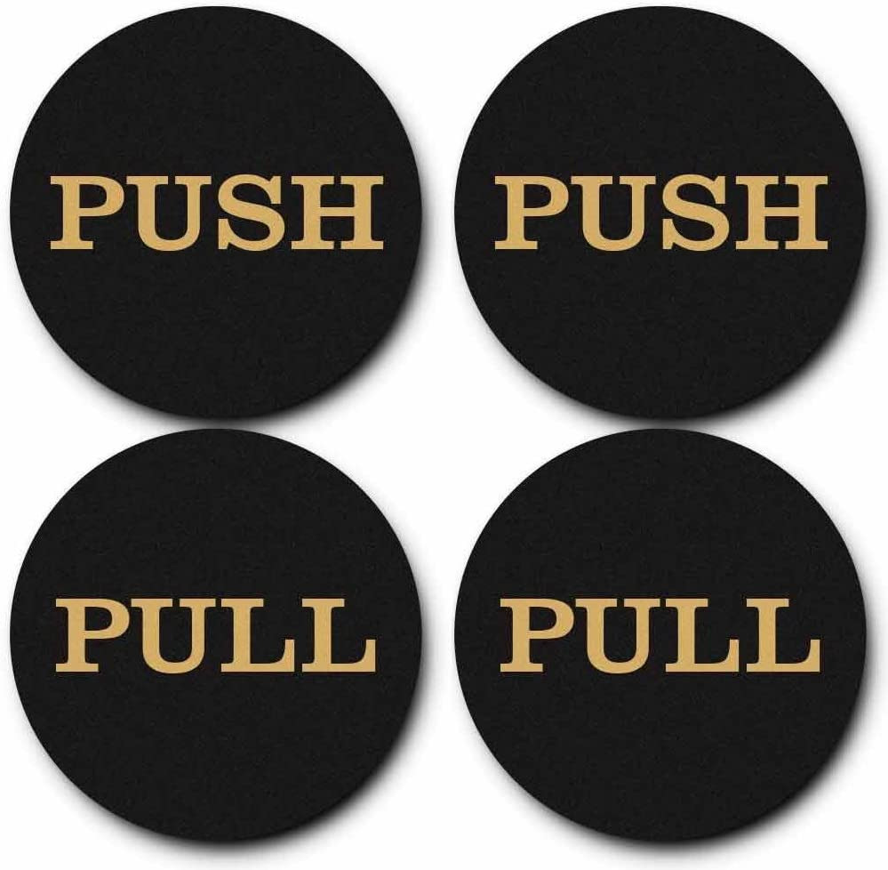 2" Round Push Pull Door Signs (black-gold) - 2 Sets (4pcs)