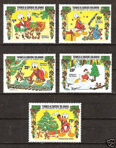 TURKS & CAICOS # 645-649 DISNEY Donald Duck's 50th Anniversary. Christmas 1984