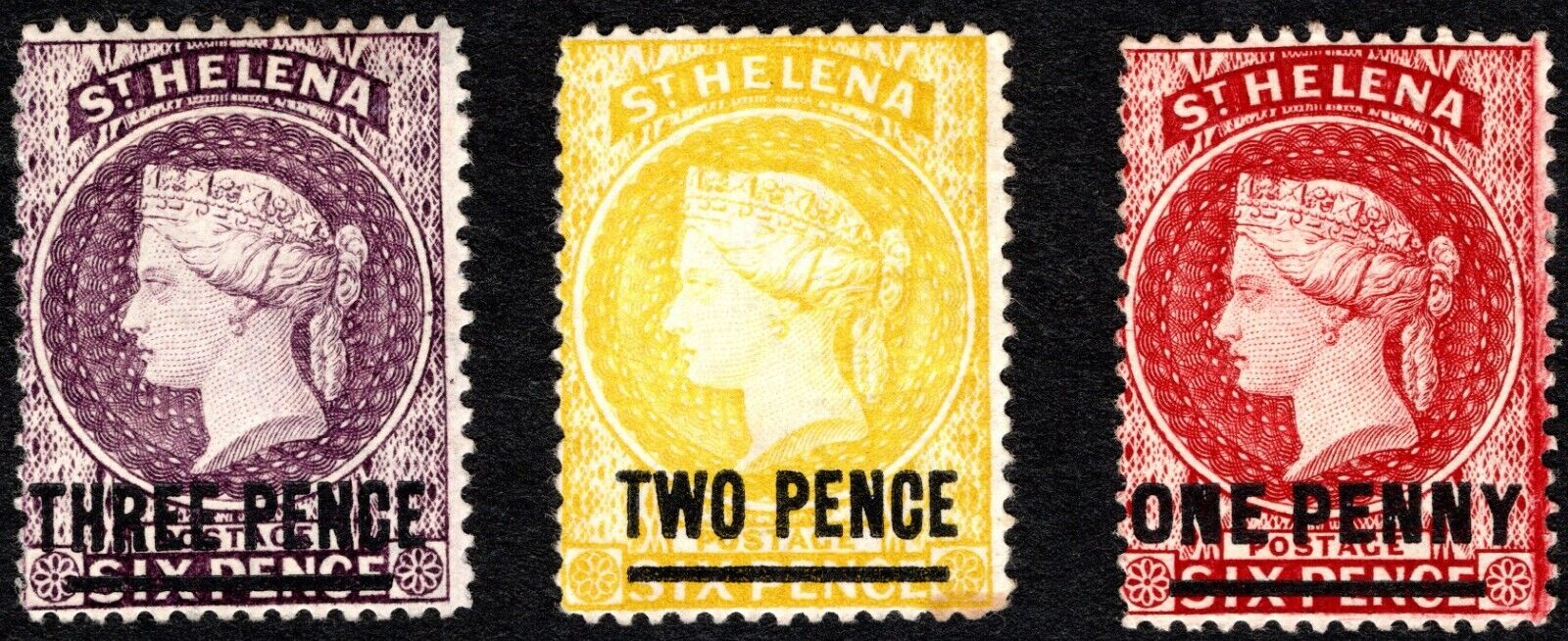 St. Helena 1887-94 Qv Mint Hinged 1p, 2p, 3p On 6p Sc#a1a/35red;a1b/36ylw/37viol