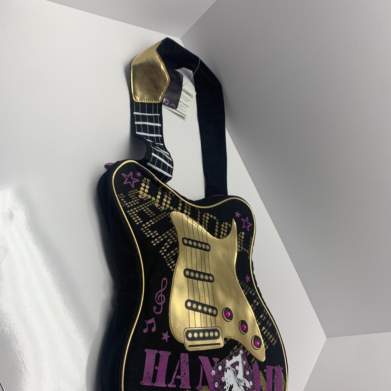 Disney Hannah Montana Miley Cyrus Guitar Purse Black & Gold Pink Bag