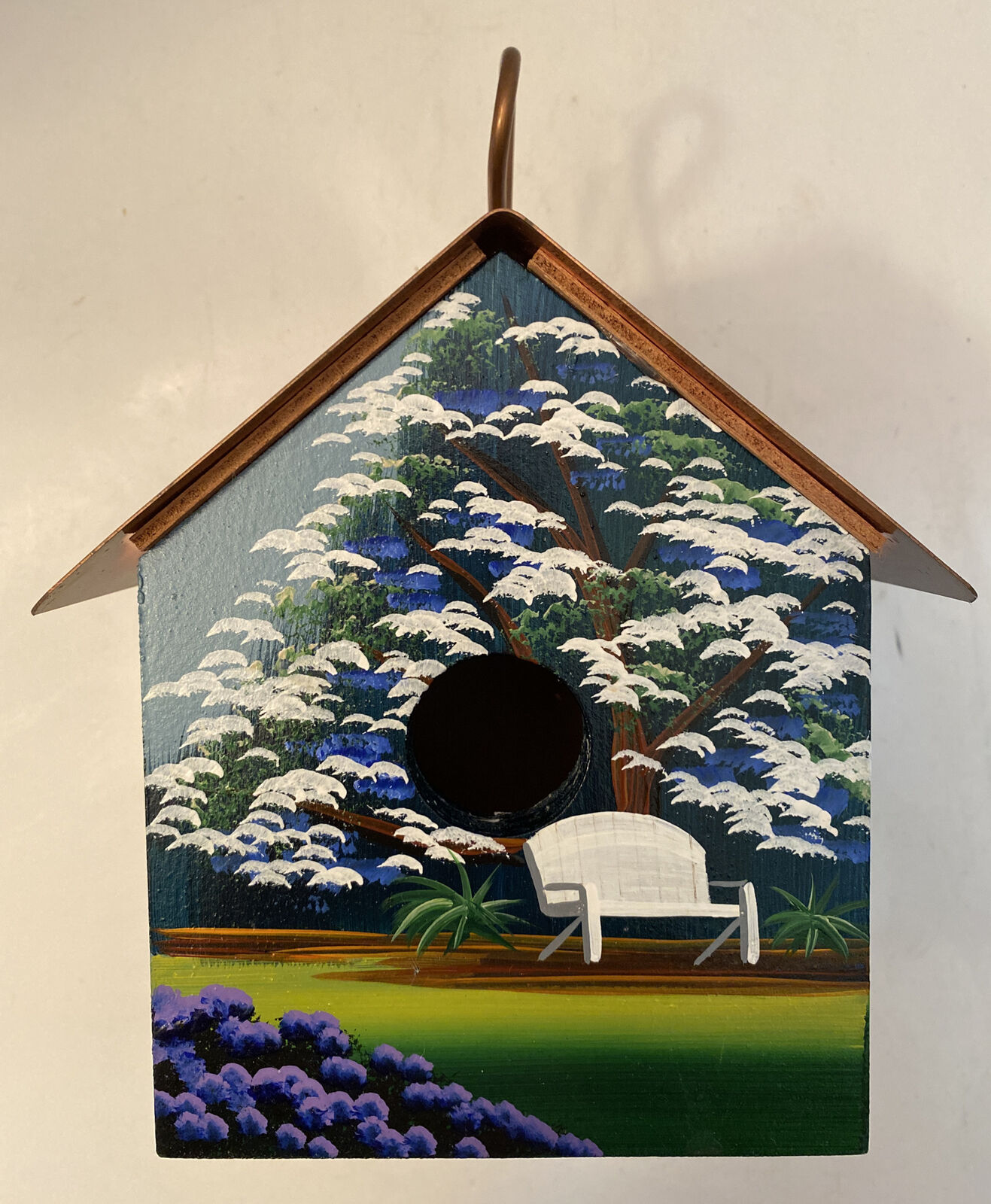 Vintage Pollys Perch Birdhouse Hand Painted Copper Roof Signed Numbered C Tighe