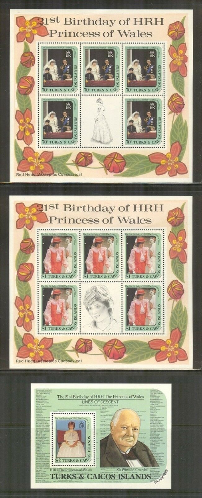 Turks & Caicos #532-534 1982 Princess Diana, 3 Different Sheets Unused NH