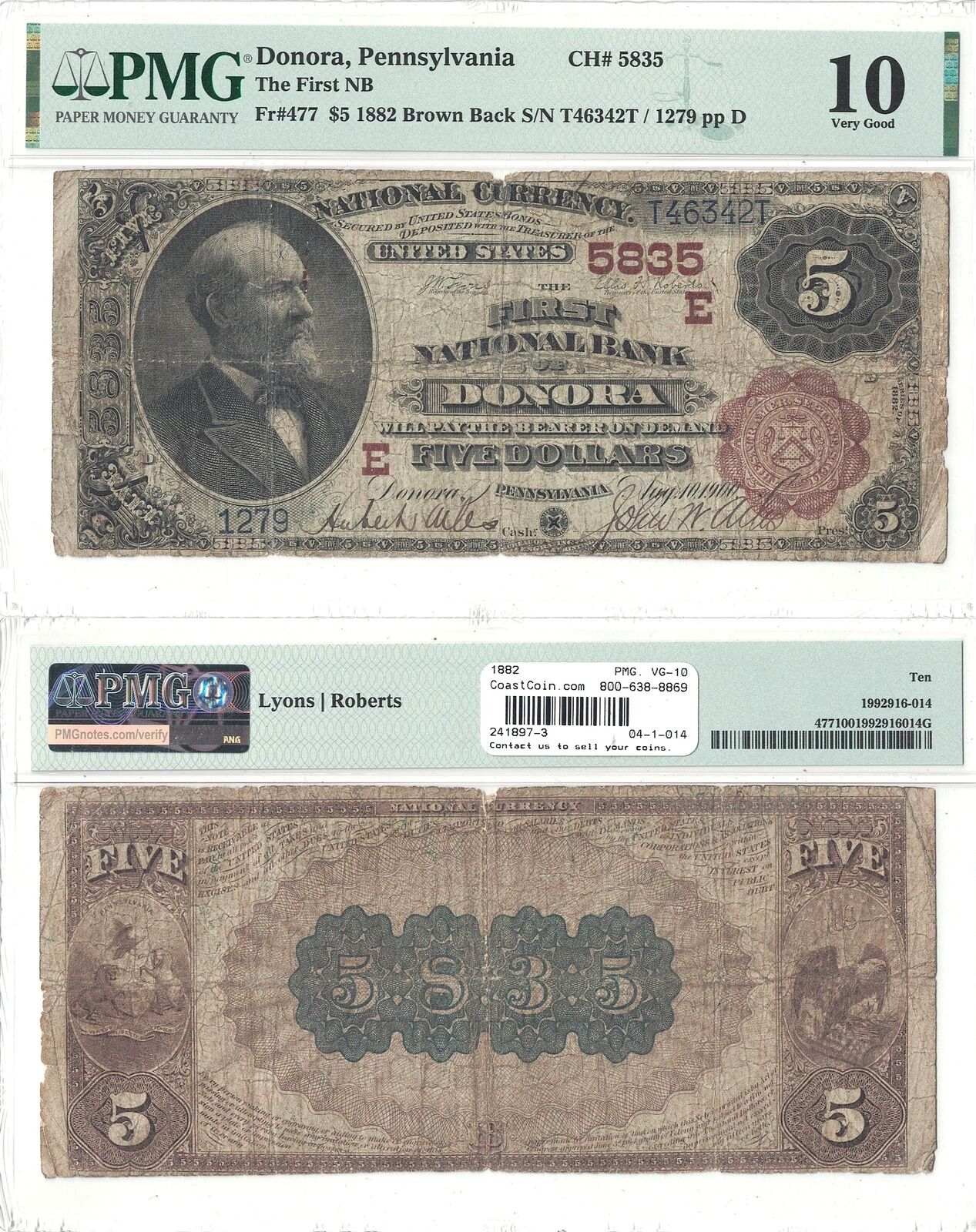 1882 $5 First National Bank Of Donora, PA #5835 PMG Very Good-10
