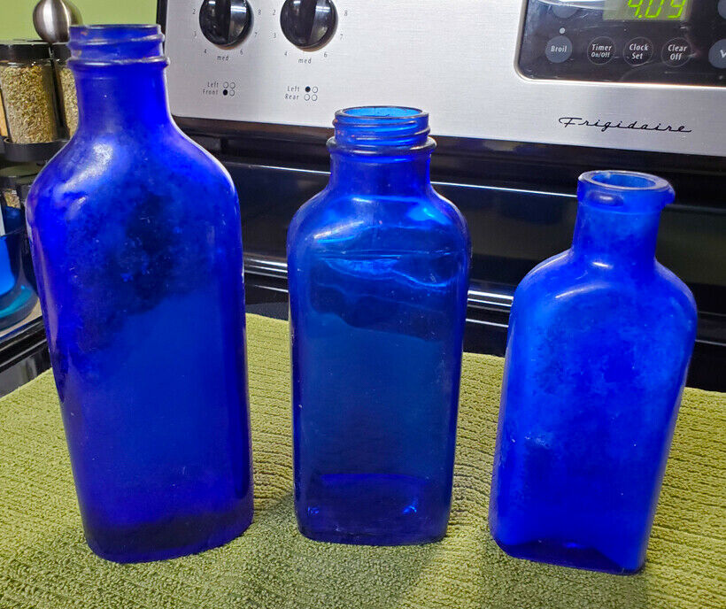 Vintage COBALT BLUE Glass Bottles ~ 3 Large Mixed Lot Unmarked Medicine