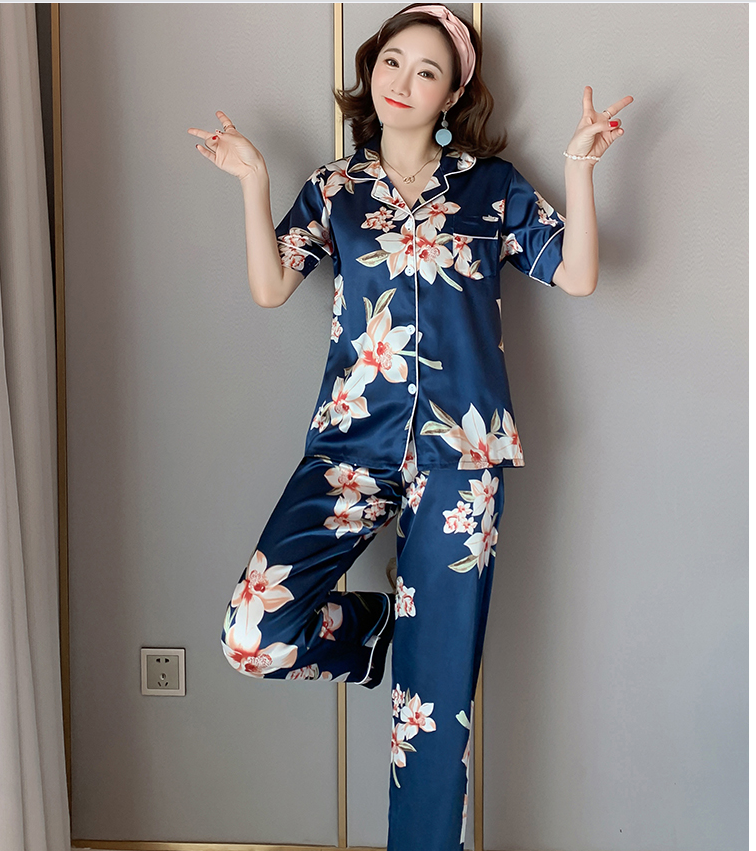 Women's Short Sleeve floral Silk Pajamas Set Print Satin Sleepwear Nightwear