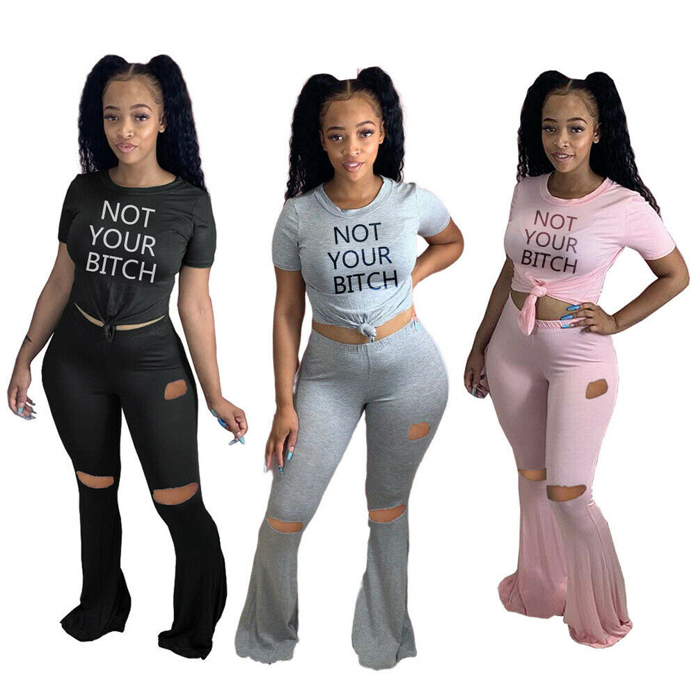 Club Night Women Letter Printed Round Neck Short Sleeve Ripped Flared Pants 2pcs