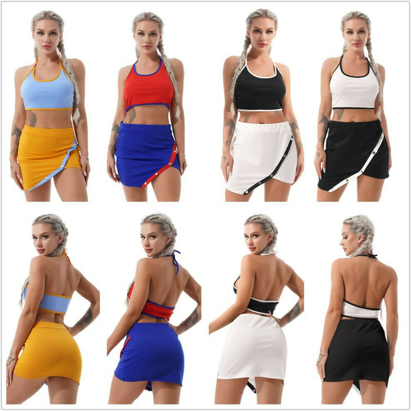 Women 2 Piece Outfits Crop Tops Split Mini Skirts Bodycon Dress Party Clubwear