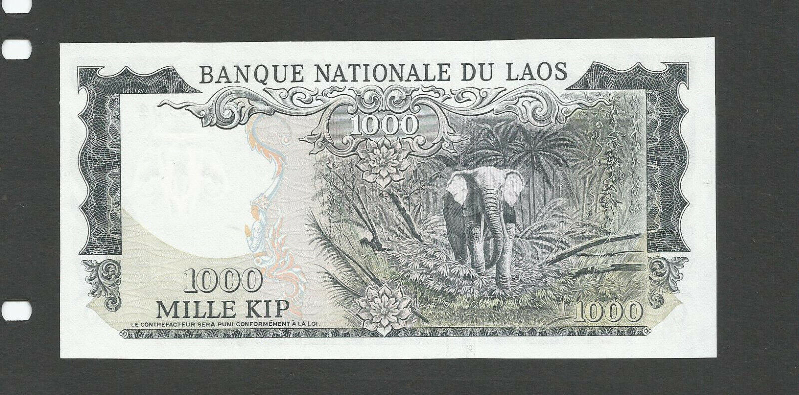 Laos. 1000 kip. Large Elephant note. SUPERB UNC.!! with Tri-Elephant watermark.