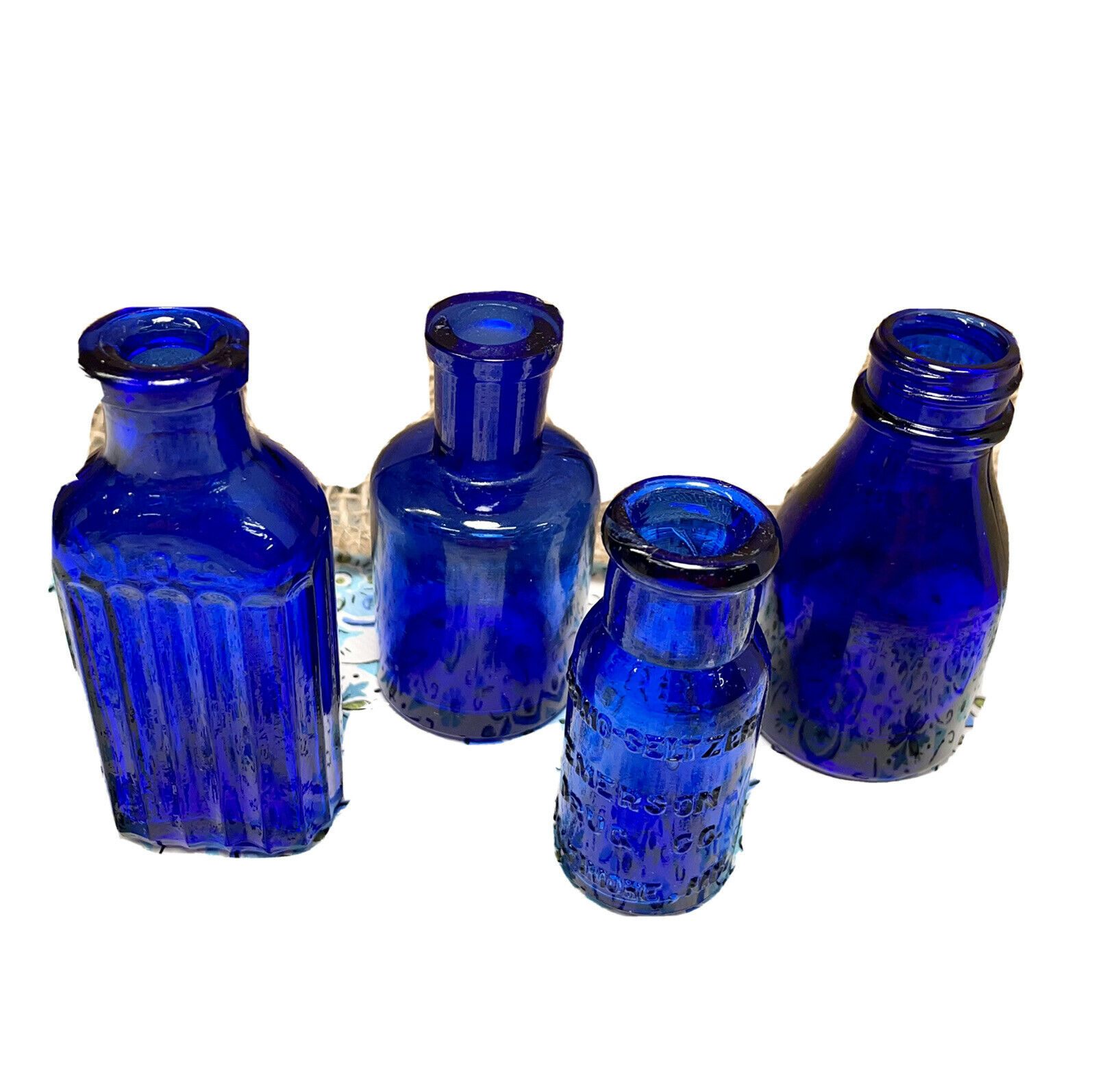 Vintage Antique Cobalt Blue Glass Medicine Pharmacy Bottles Miniature Lot Of 4