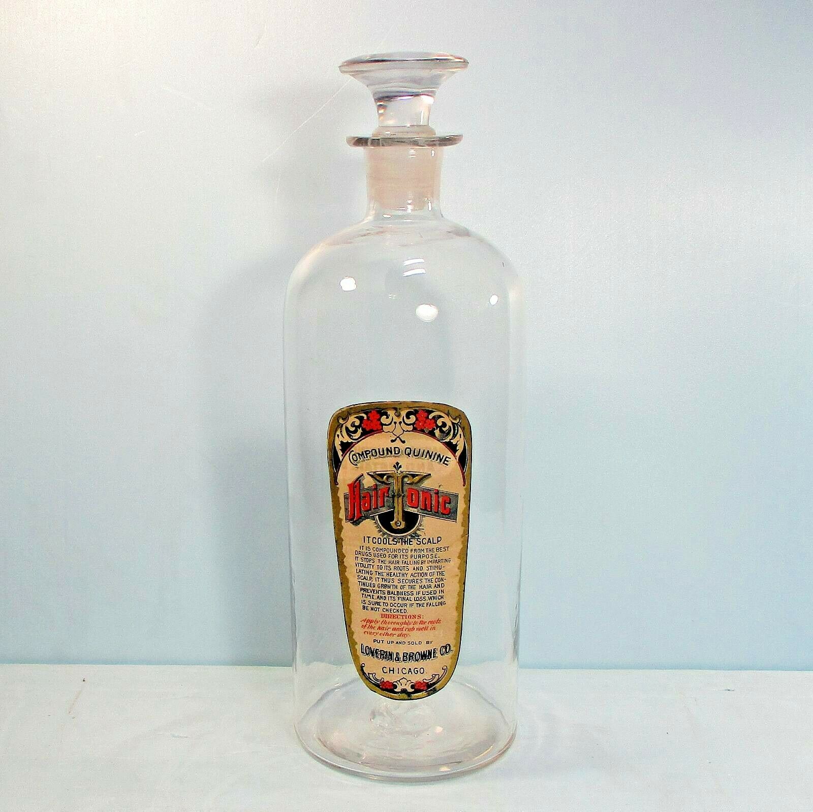 Empty Bottle Hand Blown Clear Glass Hair Tonic Loverin & Browne Label 9.75" ʵ K3